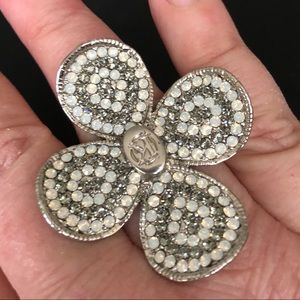 Oversized Silver Sparkly Rhinestone Flower Statement Ring